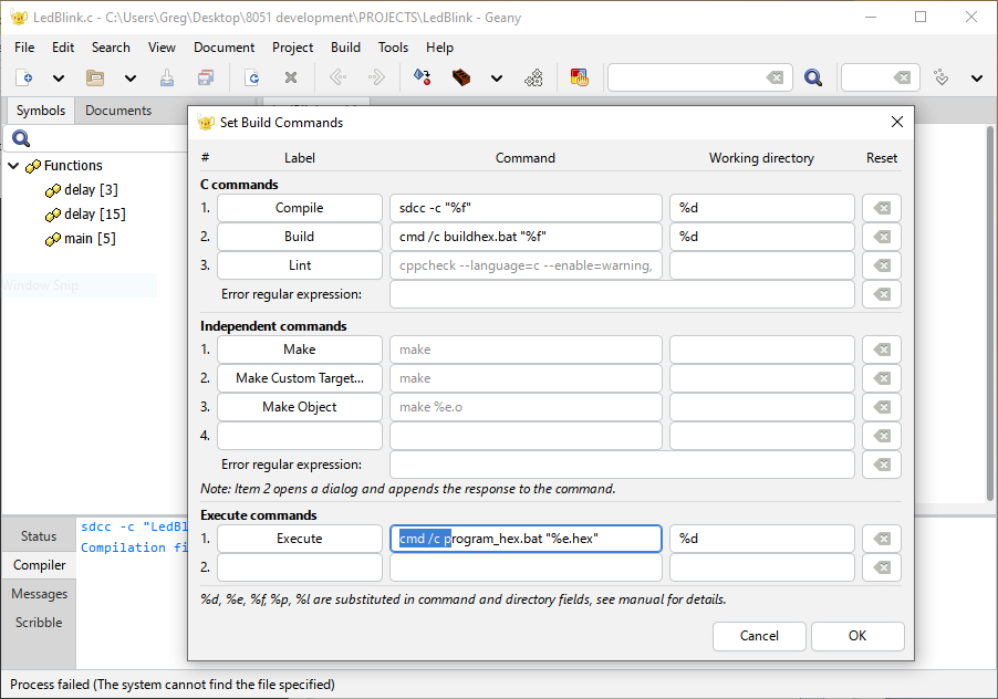 Geany Set Build Commands dialog configured for SDCC